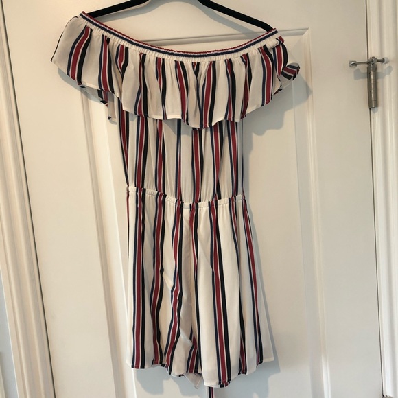 Express Striped Off The Shoulder Ruffle Romper - Picture 2 of 5